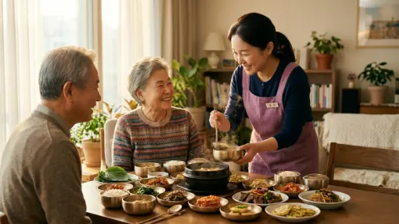 수원 권선구 세류동 방문요양 서비스 - 요양보호사가 어르신께 식사를 제공하는 모습