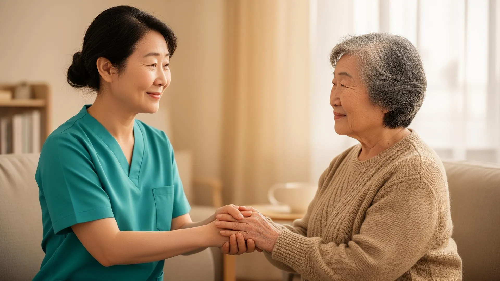 수원 권선구 세류동 행복동행 방문요양센터 - 요양보호사가 거실에서 어르신의 손을 잡고 따뜻하게 대화하며 정성껏 돌보는 모습